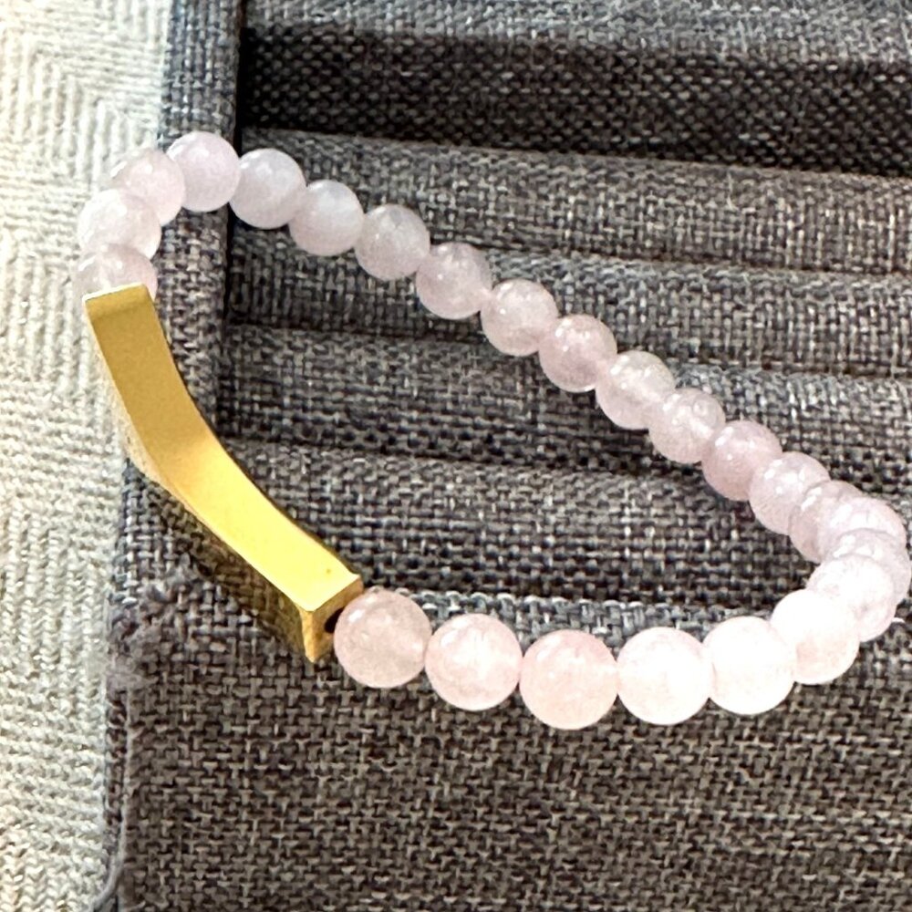 Rose Quartz Beaded Bracelet With 18K Gold Over Stainless Steel Engravable Bar - Picture 3 of 4